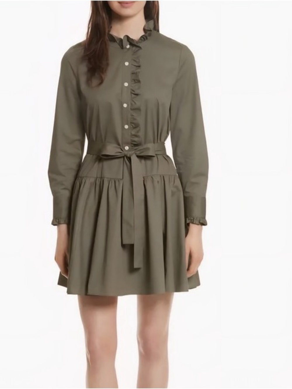 kate spade Olive Green Ruffle-Trim Tie-Waist Shirt Dress